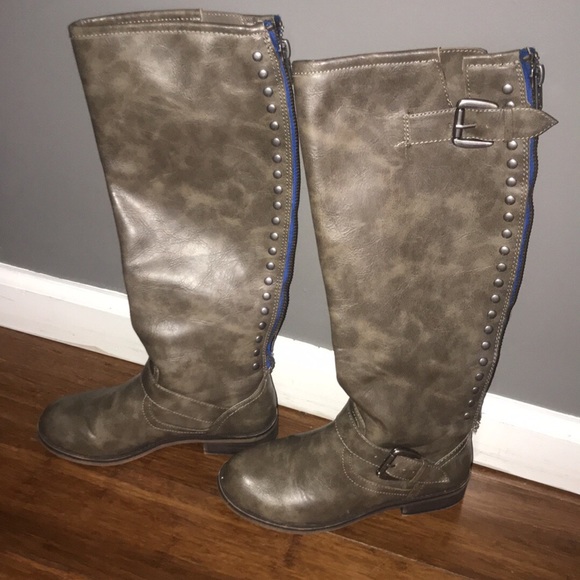 Shoes - Brown Knee High Boots with Blue Zipper Detail